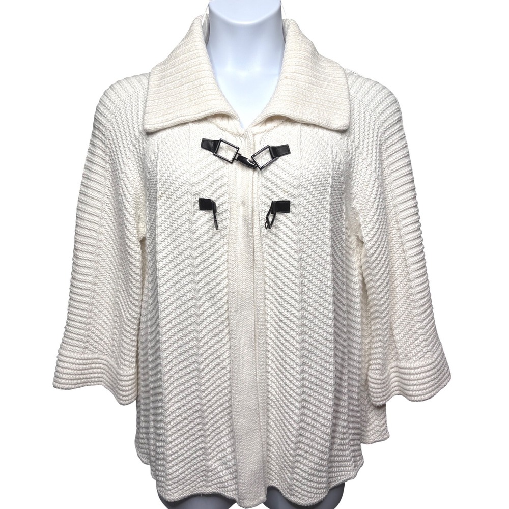 JM COLLECTION Womens Cream Chunky Cardigan Toggle Sweater XL 3/4 Sleeve Textured